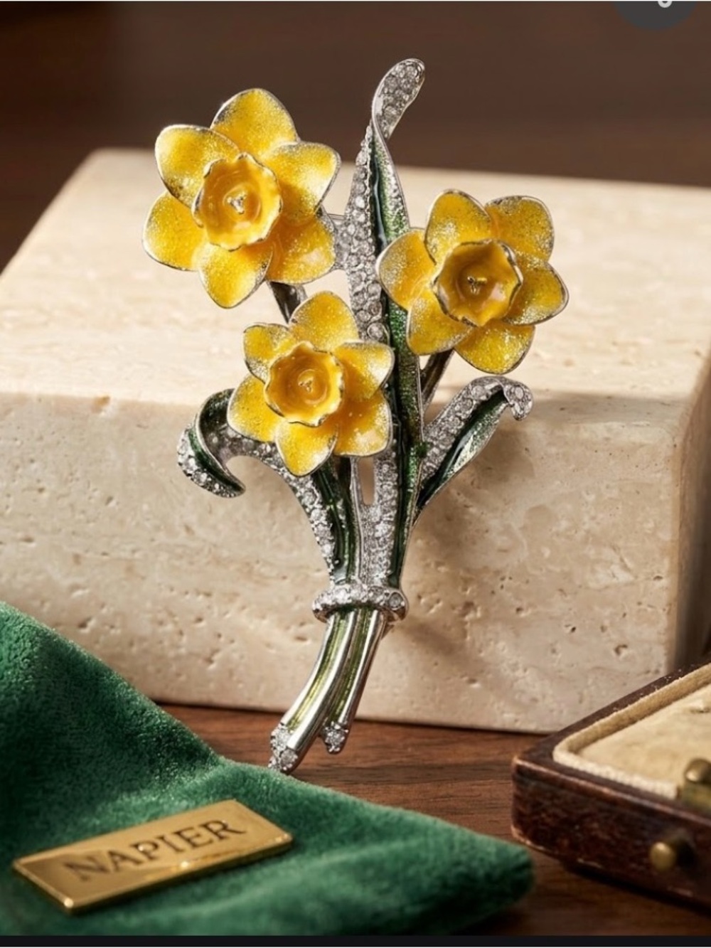 Napier Yellow Enamel Daffodil Bouquet Brooch with Green Accents